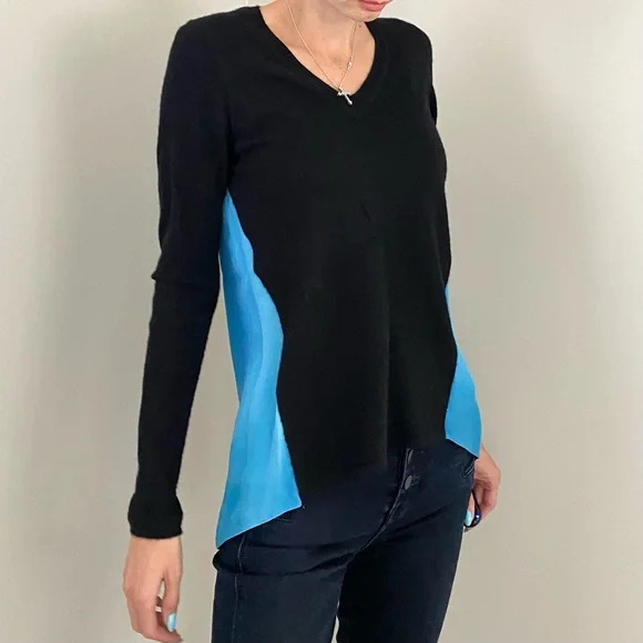 Elie Tahari 100% Cashmere 100% Silk Knit Color Block V-Neck Pullover Sweater, S - Picture 2 of 11